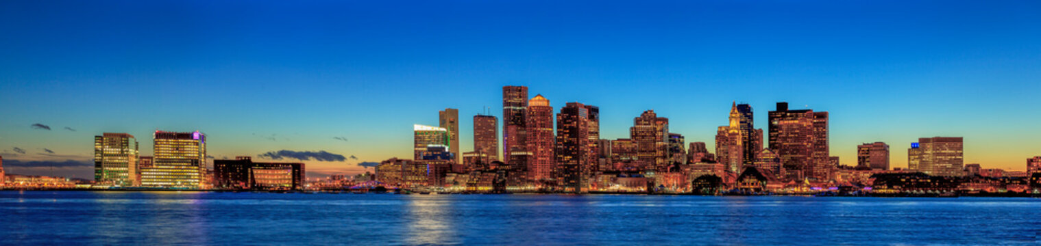 Boston skyline at sunset viewed from East Boston