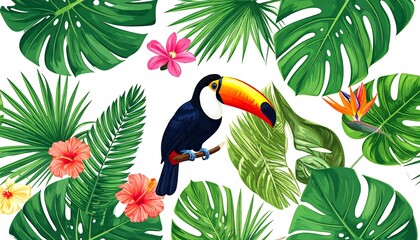 Fototapeta premium A vibrant illustration showcasing tropical elements a colorful toucan perched amidst lush green foliage and bright blooms