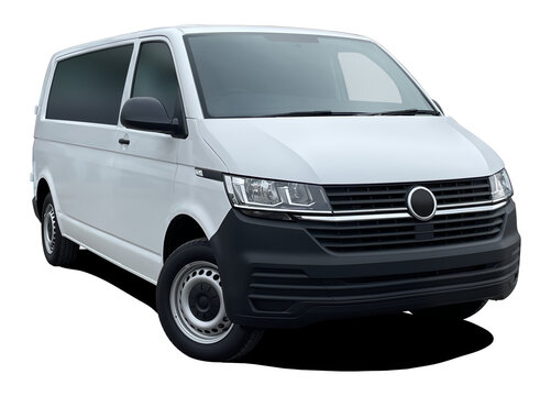 Modern European passenger minibus, front side view isolated on white background in png format, white color.