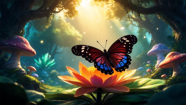 Butterfly sitting on a glowing flower in a magical enchanted forest