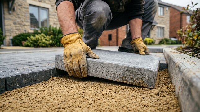 A man wearing gloves places a concrete paving stone on sand in a suburban driveway beside a house.