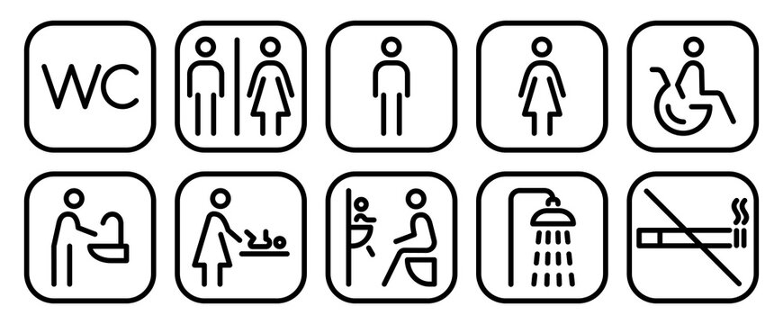 Restroom and public facility outline icon set in square frames. Linear navigation pictograms including WC, shower, accessibility, baby changing, family restroom, hygiene and public service symbols.