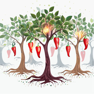 Stylized trees with glowing red chili peppers illustrate a spicy harvest, embodying the vibrant heat of nature's fiery bounty