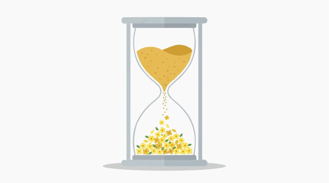 Hourglass with yellow sand shaped like a heart flowing down to fill the bottom with tiny yellow flowers and green leaves