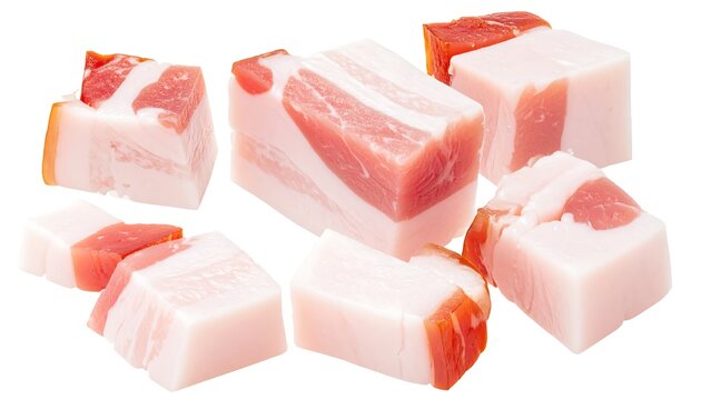 Cubed fatback scattered, showing white layers with thin lines of pink meat, against a plain white backdrop