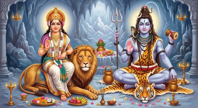 Divine hindu deities shiva and parvati seated together in a sacred cave temple setting with traditional offerings of flowers and fruit surrounding them