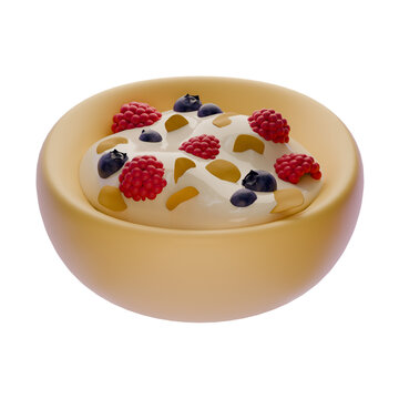 3D Rendered Bowl of Yogurt with Berries and Granola