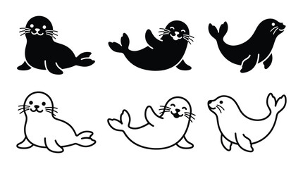 Seal Silhouettes In Various Poses Black And White Outline Silhouette © Ambiya