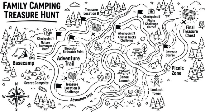 Kids outdoor scavenger hunt activity map background with basecamp and chest icons