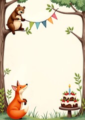 Fototapeta premium Bear and fox celebrate birthday with cake under tree bunting