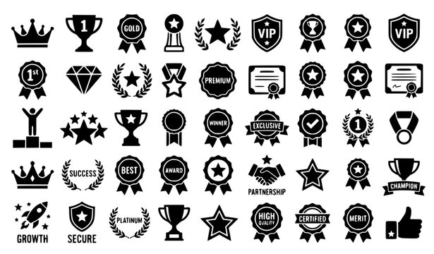 Minimal black and white VIP and achievement icon set with award illustrations