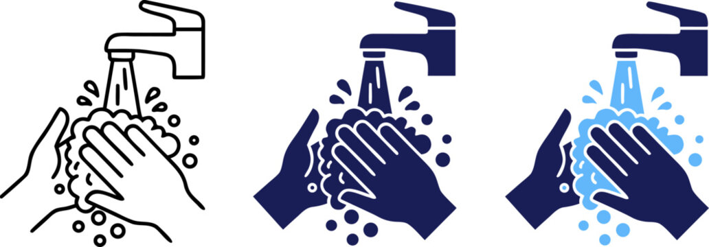 Three icons depicting hand washing under running faucet with soap bubbles for hygiene sanitation health and cleanliness promotion presented in thin line dark blue solid and blue water color splash sty