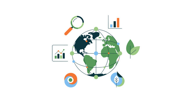 Global Data Analysis and Environmental Sustainability Illustration with Earth Globe, Charts, and Ecology Icons