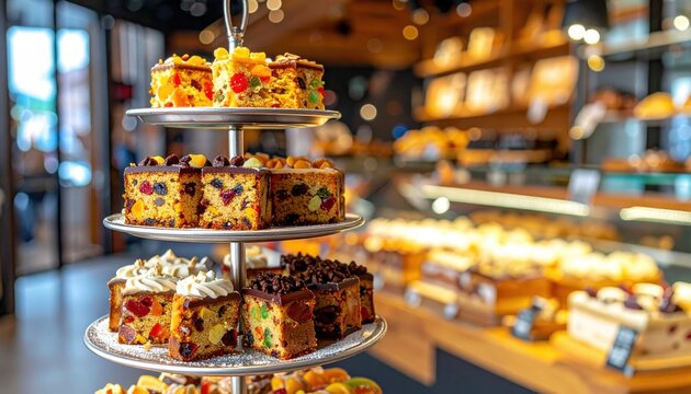 Assortment of delicious fruitcakes displayed on a tiered stand in a bakery setting