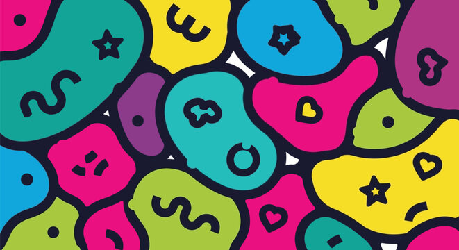 Colorful abstract shapes with playful doodle patterns on a black background
