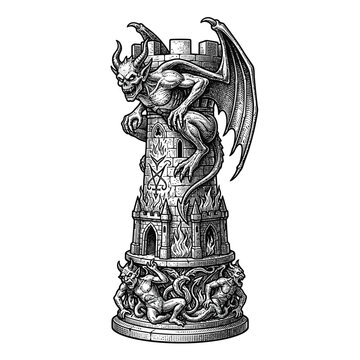Gothic stone tower sculpture featuring a winged demon perched on top with intricate carvings.