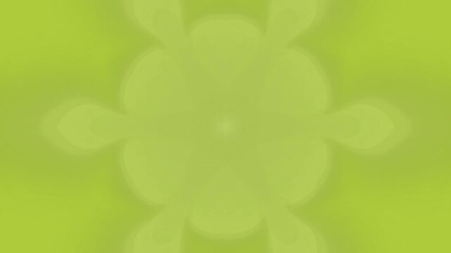 Soft green floral kaleidoscope background featuring symmetrical petal shapes, subtle glowing center, smooth gradients, organic geometry, gentle motion, and calming visual harmony.