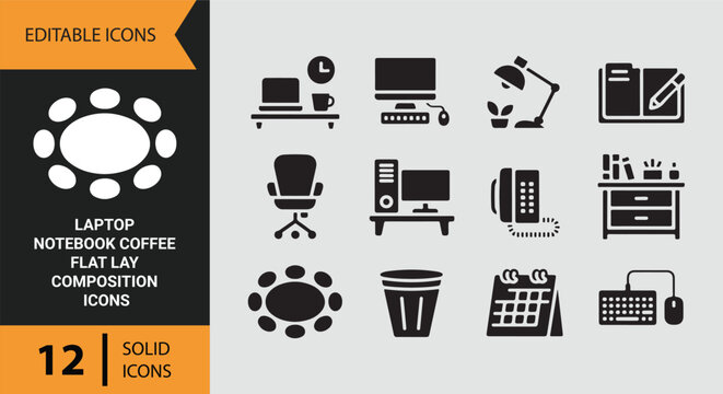 Laptop Notebook Coffee Flat Lay Composition for Creative Workspace Icons