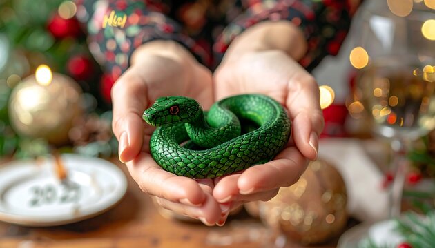 Cupped hands hold coiled, green snake against a bokeh-lit holiday scene with gold ornaments and greenery