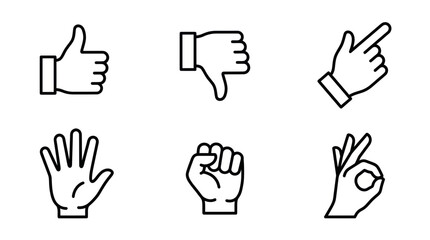 Fototapeta premium Set of Hand Gestures Icons: Thumbs Up, Down, Pointing, Open Palm, Fist, OK Sign