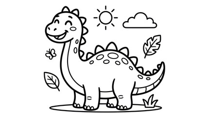 Cute Cartoon Dinosaur Coloring Page with Sun, Clouds, Butterfly, and Leaves © Soheh