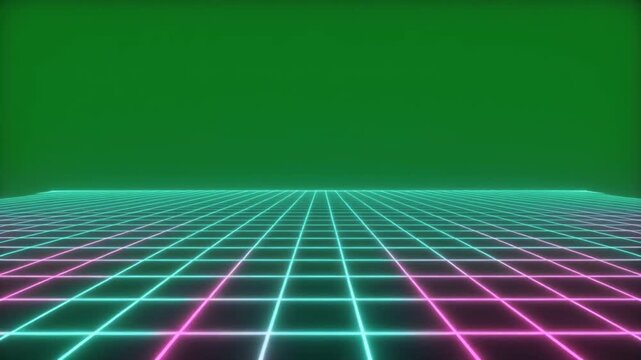 Vibrant neon-lit digital grid receding into a green screen background, an excellent abstract vector graphic icon or motion design element, showcasing futuristic technology and dynamic visual effects