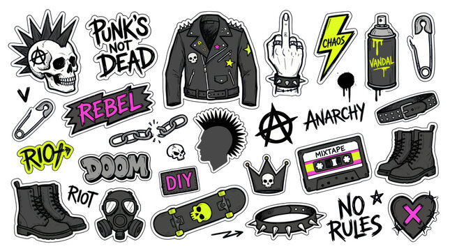 Punk Rock Stickers: Skull, Jacket, Anarchy, Safety Pins, Boots & More