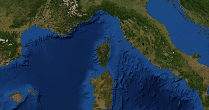 Corsica on Globe. Zoom into the island with Earth spinning in space. High detail physical world map with Corsica on it. Elements of this image furnished by NASA.