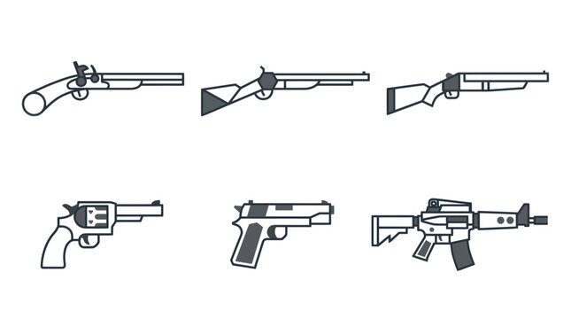 Diverse Firearms Collection: Antique Pistol, Shotgun, Rifle, Revolver, Handgun, Assault Rifle Icons