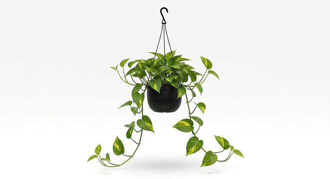 A pothos plant hangs from a black hook. The plant&rsquo;s vines cascade downwards, creating a lush, trailing effect.