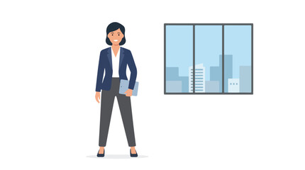 A professional woman in a suit stands confidently in an office setting, with a large window behind her displaying a modern city skyline. © Ohim