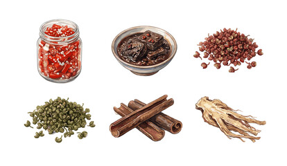 Watercolor Illustration of Chinese spices and ingredients including red chilies in a jar, Sichuan peppercorns, cinnamon sticks, and ginseng root © OKM Studio