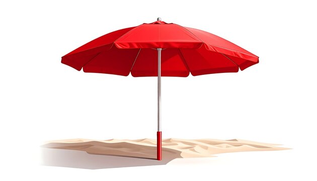 A vibrant, red beach umbrella stands open, casting a shadow on a patch of light-colored sand against a white backdrop