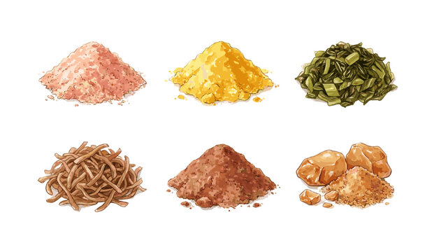 Watercolor Illustration of various kitchen spices and herbs including pink salt, yellow turmeric, green leaves and cinnamon powder