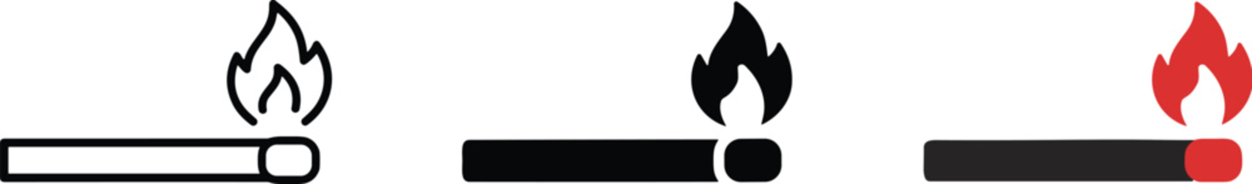 Collection of three simple graphic icons representing a burning matchstick in different styles