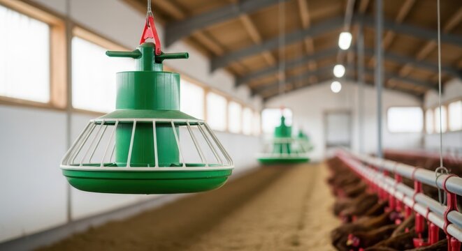 Green poultry feeder inside modern agricultural barn, ready for livestock feeding