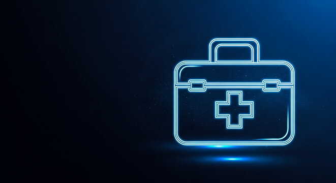A sleek, futuristic digital illustration of a first aid case featuring a glowing blue cross symbol on a dark tech background.