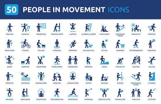 People in movement icon set. Containing walking, running, jumping, dancing and more. Solid vector icon collection.