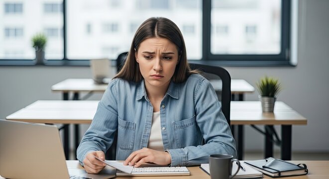 A woman sitting at a desk, looking at a piece of paper with a concerned expression.