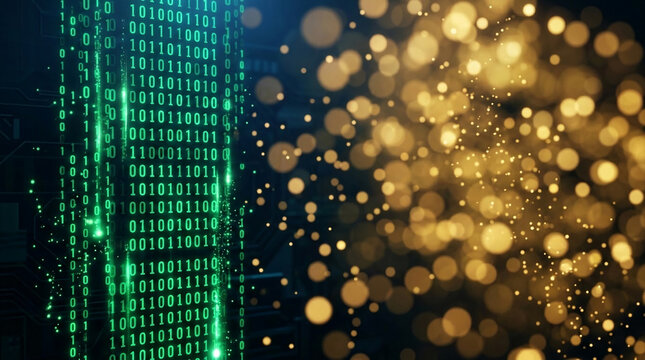 Digital stream of green binary code and golden bokeh lights, symbolizing data, technology, and abstract concepts
