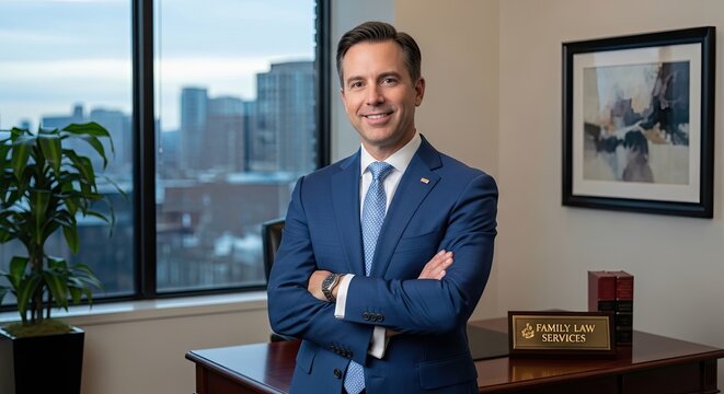 A man in a blue suit standing in an office with a city skyline in the background.