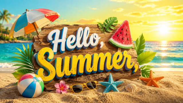 Colorful hello summer greeting sign on tropical beach at sunset with vacation accessories, seasonal celebration banner for travel, tourism and sunny holidays