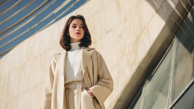 model wearing minimalist beige coat against architectural background