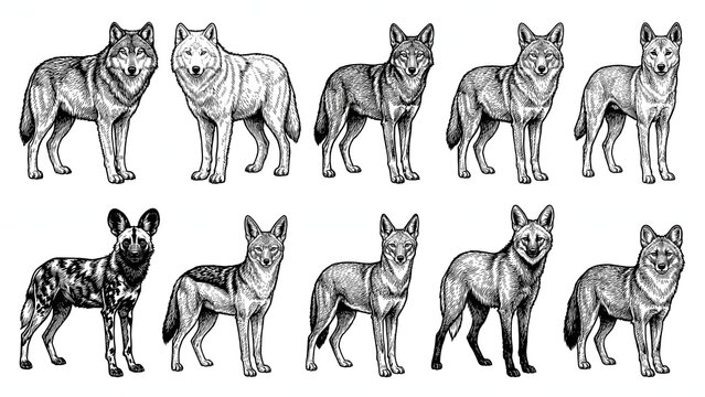 Collection of hand drawn engraving style sketches of wolves and wild canines