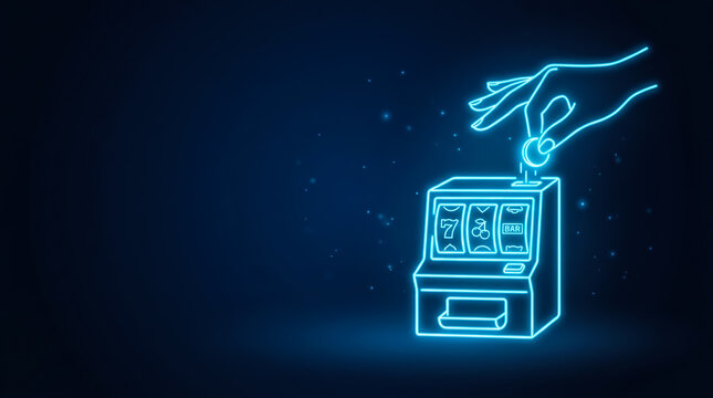 A stylized digital artwork showing a glowing hand feeding coins into a retro slot machine with a '7' symbol, set against a dark cosmic background.
