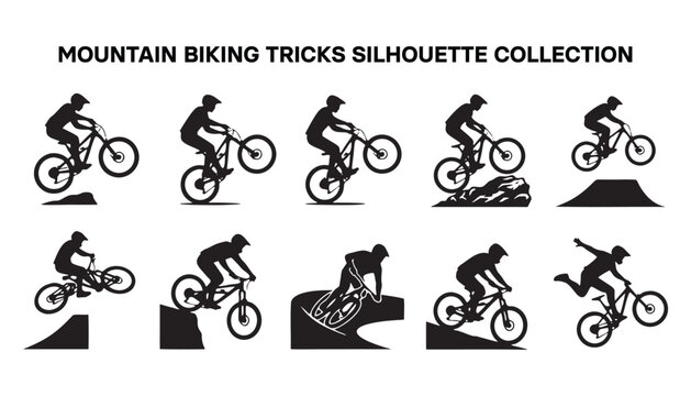 Mountain Biking Tricks Silhouette Icon Sheet.