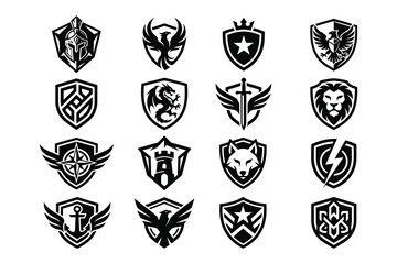 Obraz premium Set of various shield logos with animal and object designs on white background