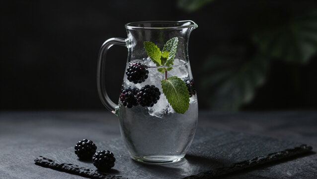 Glaskrug mit Brombeer-Minz-Wasser dunkler Hintergrund