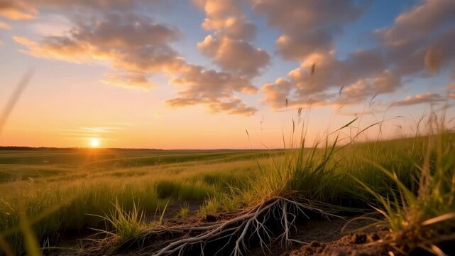 Native grasses swaying on managed grassland during beautiful sunset offering copy space for impactful climate change mitigation campaigns and projects