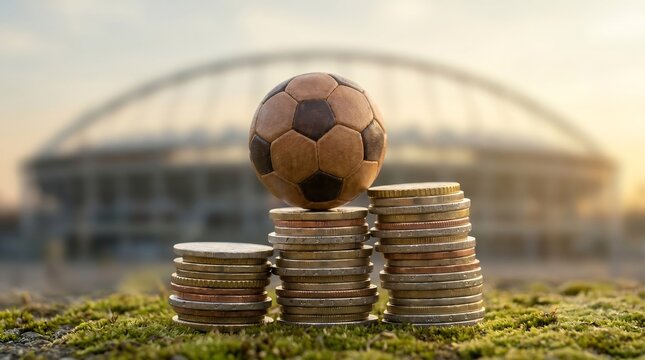 Brown leather soccer ball resting on top of stacked metal coins with a large stadium blurred in the distant background
